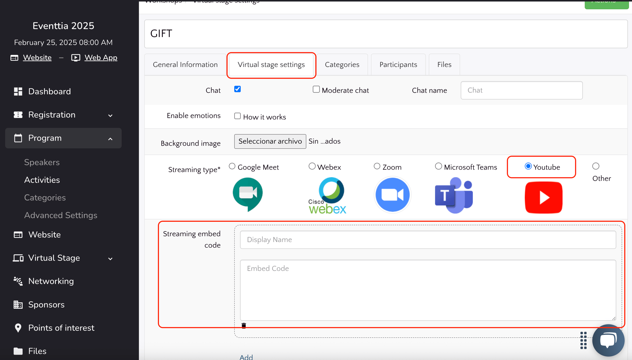 How to embed your Youtube live on the virtual stage